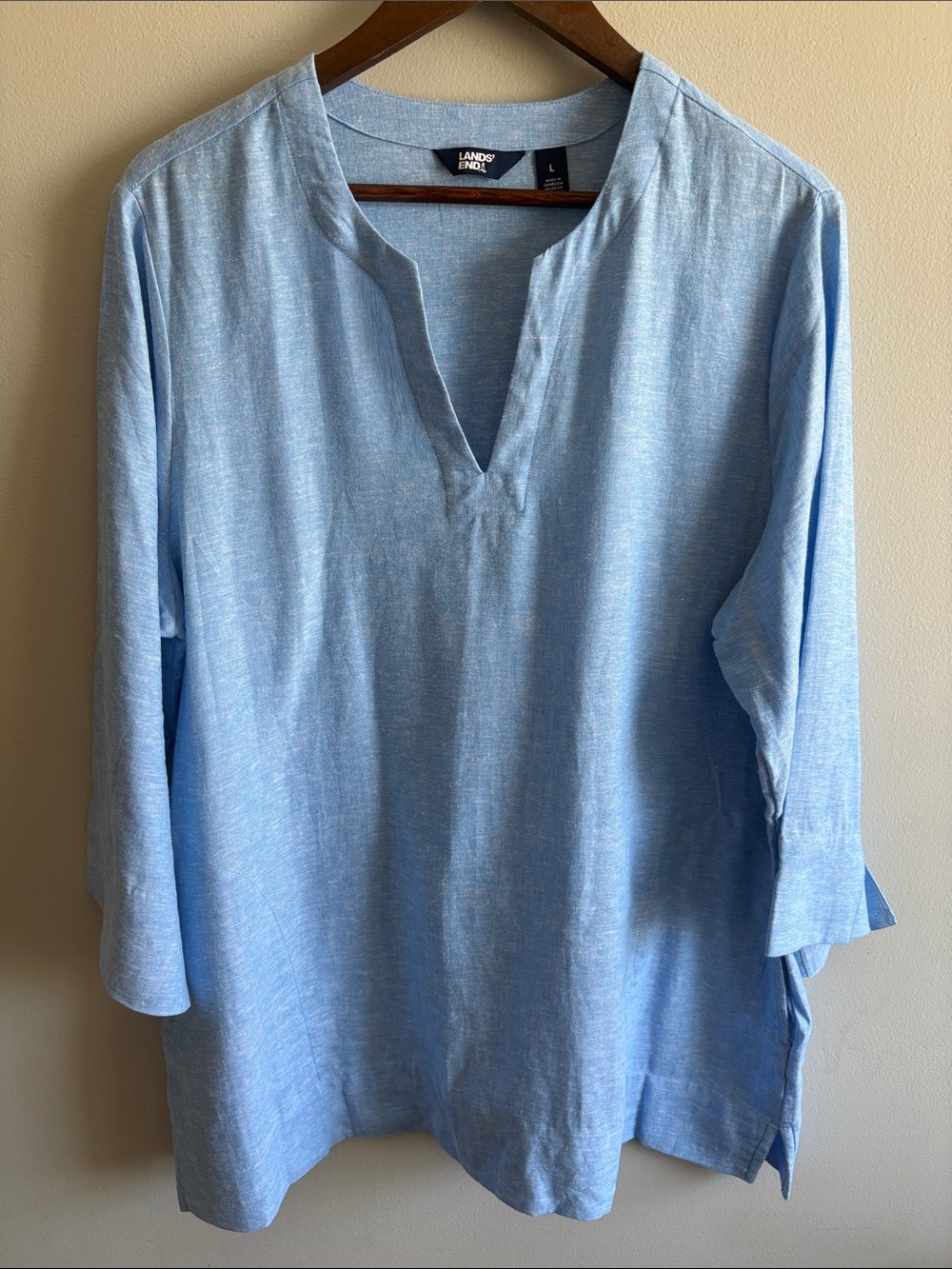 Lands’ End Light Blue Linen Blend Tunic Top L Split Neck 3/4 Sleeve